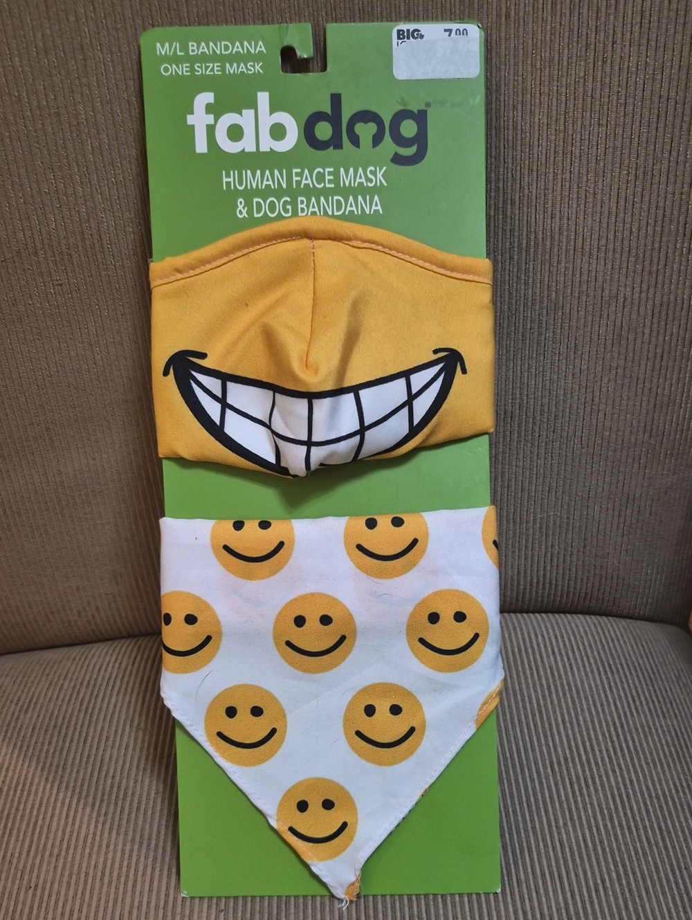 fab dog Yellow Smile Emoji Dog Bandana & Face Mask Set